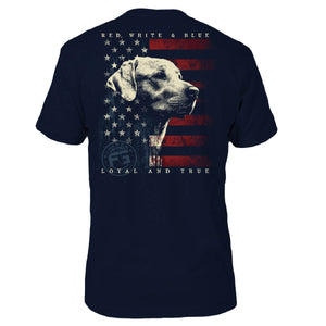 Navy tee with an American flag on the back and a golden retriever.