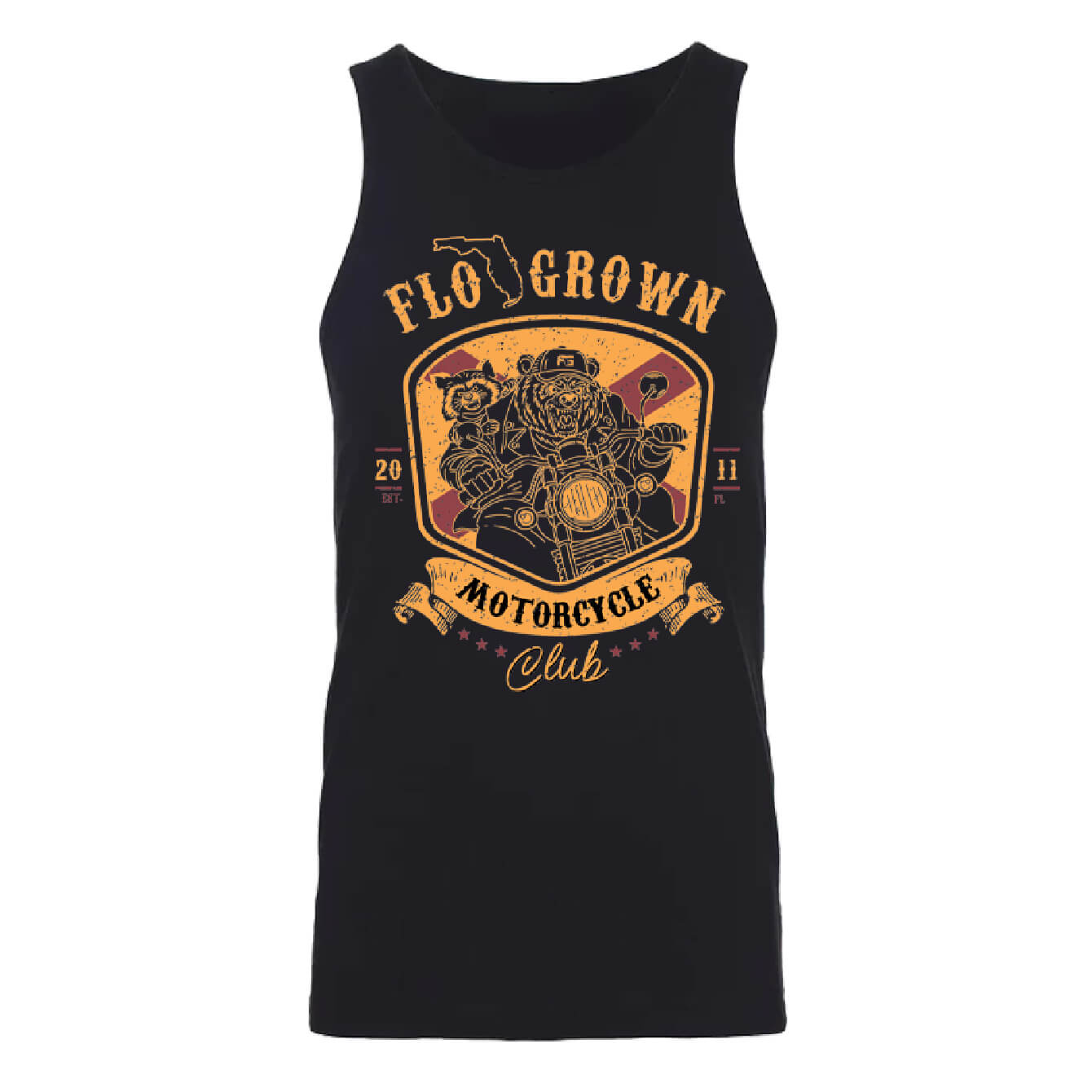 A motorcycle design with a bear riding a motorcycle in a yellow patch-shaped design with the FloGrown logo on top.