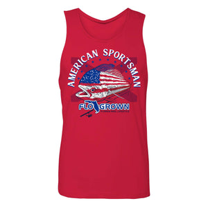 Red tank top with 'American Sportsman' text and visual graphic of a mahi painted with the American flag and the Florida flag behind it.