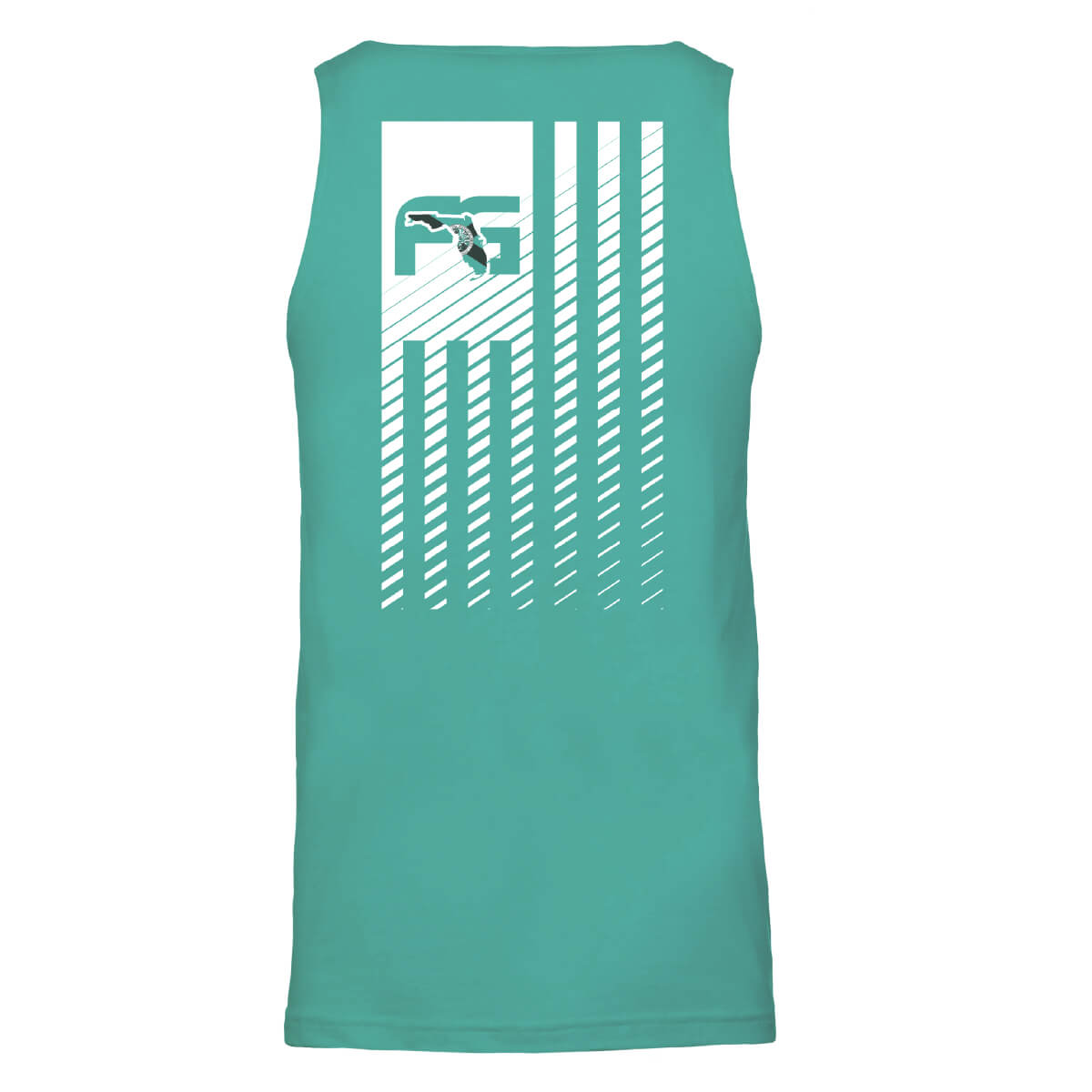 Teal tank with a vertical USA flag on the back in white.