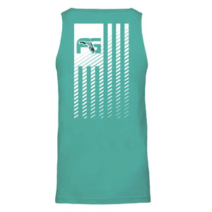 Teal tank with a vertical USA flag on the back in white.