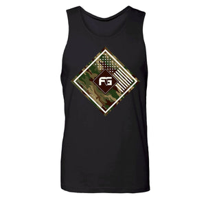 Black tank top with geometric design featuring camouflage and American flag elements.