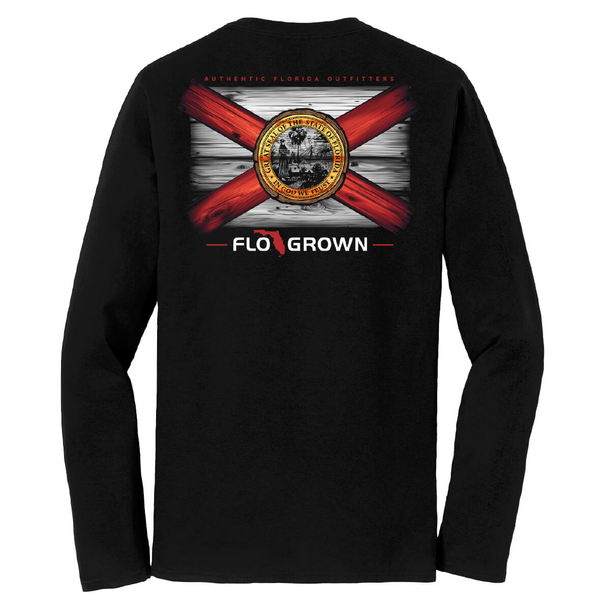 Black long sleeve with a graphic of two pieces of wood with a Florida flag painted on it.