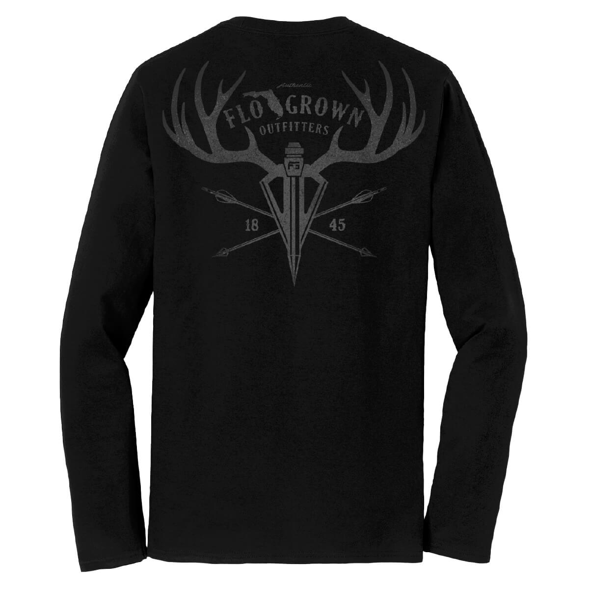 Black long sleeve tee with a faded white graphic of an arrow head with buck antlers coming out of the top and two arrows in a cross.
