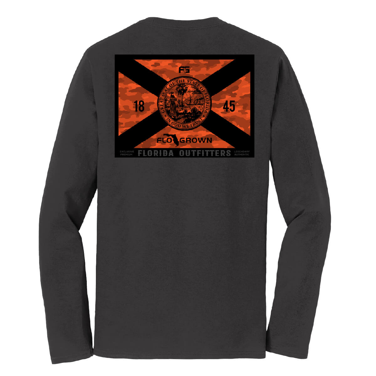Gray long sleeve tee with a graphic of a Florida flag with an orange camo background.