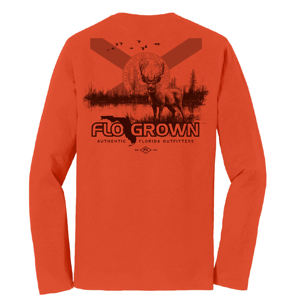 Orange long sleeve with a graphic of a deer in front of a lake and forest with the Florida flag on the horizon. 