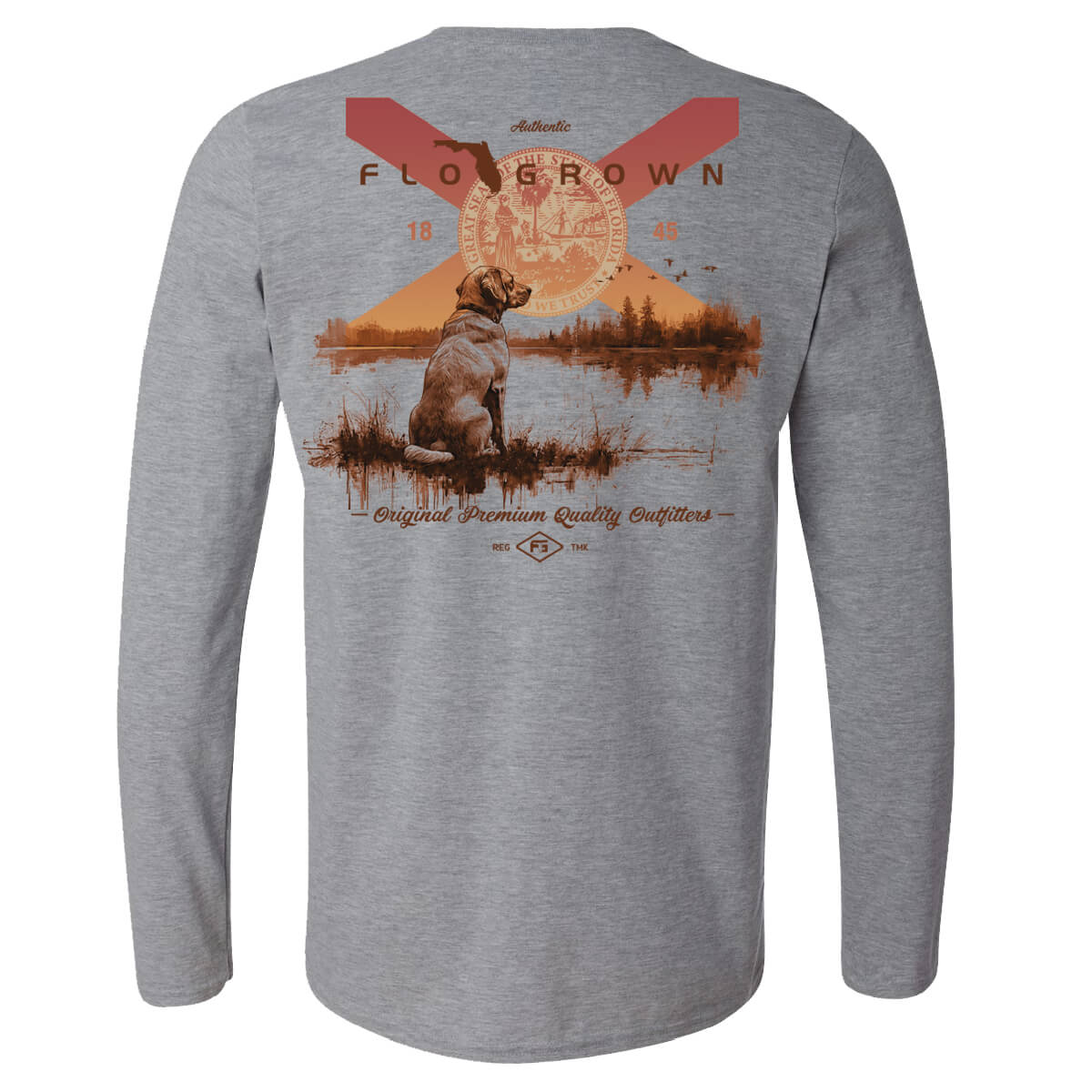 Gray long sleeve tee with a graphic of a dog watching the sunset on a lake with the Florida flag on the horizon.