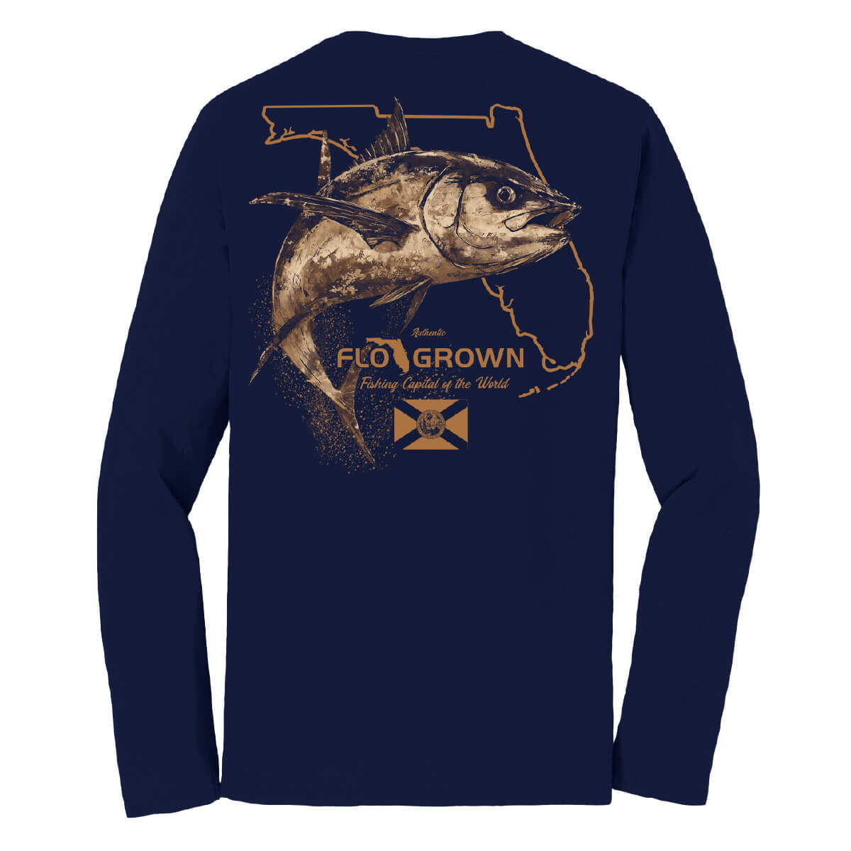 Navy long sleeve tee with a graphic of a tuna over the outline of Florida on the back.
