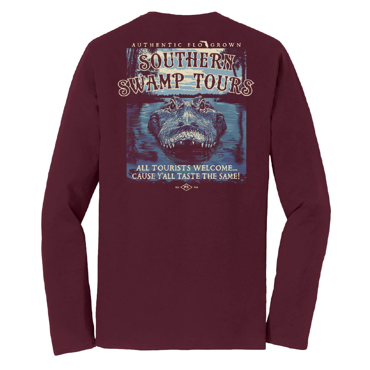 Burgundy long sleeve tee with a graphic of a gator in the water and text 'SOUTHERN SWAMP TOURS'.