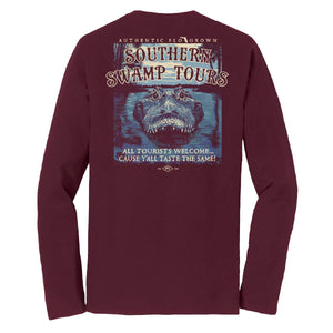 Burgundy long sleeve tee with a graphic of a gator in the water and text 'SOUTHERN SWAMP TOURS'.