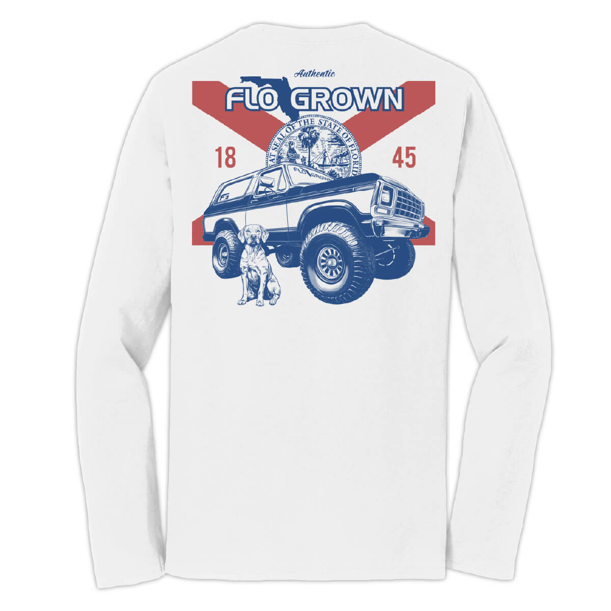 White long sleeve tee with a graphic of the Florida flag and a big truck with a dog sitting next to it. 