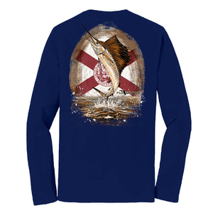 Navy long sleeve tee with a graphic of a sailfish jumping out of the water with a Florida flag behind it.