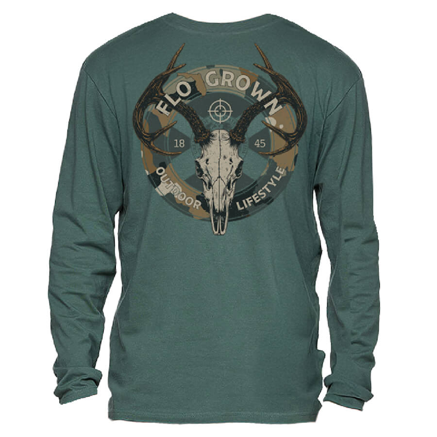 Green long sleeve tee with a graphic of a buck skull in a circular camo crest with the Florida flag behind it.