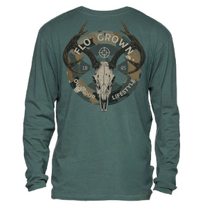 Green long sleeve tee with a graphic of a buck skull in a circular camo crest with the Florida flag behind it.