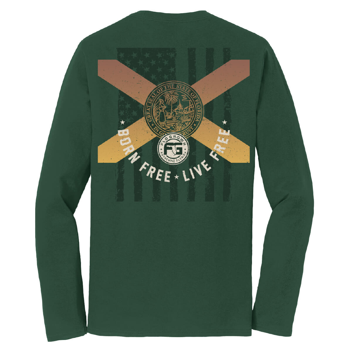 Green long-sleeve shirt with a graphic design on the back featuring the Florida flag over the American flag and text 'BORN FREE LIVE FREE'.