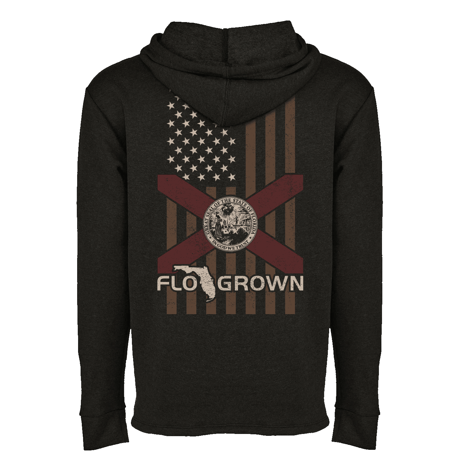 Black hoodie with a graphic of a vertical American flag with a Florida flag over it.