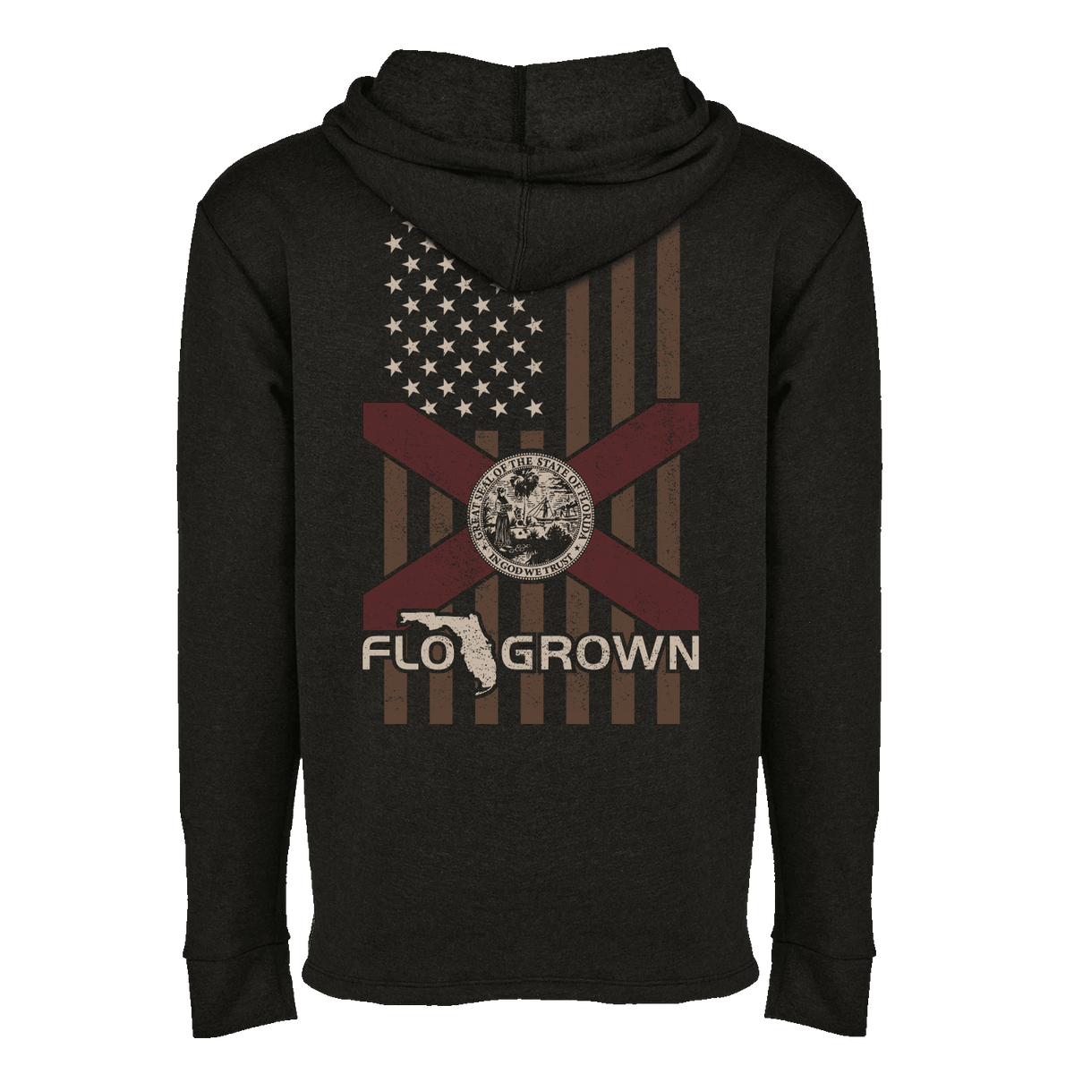 Black hoodie with a graphic of a vertical American flag with a Florida flag over it.