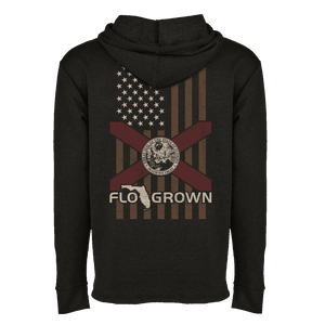 Black hoodie with a graphic of a vertical American flag with a Florida flag over it.