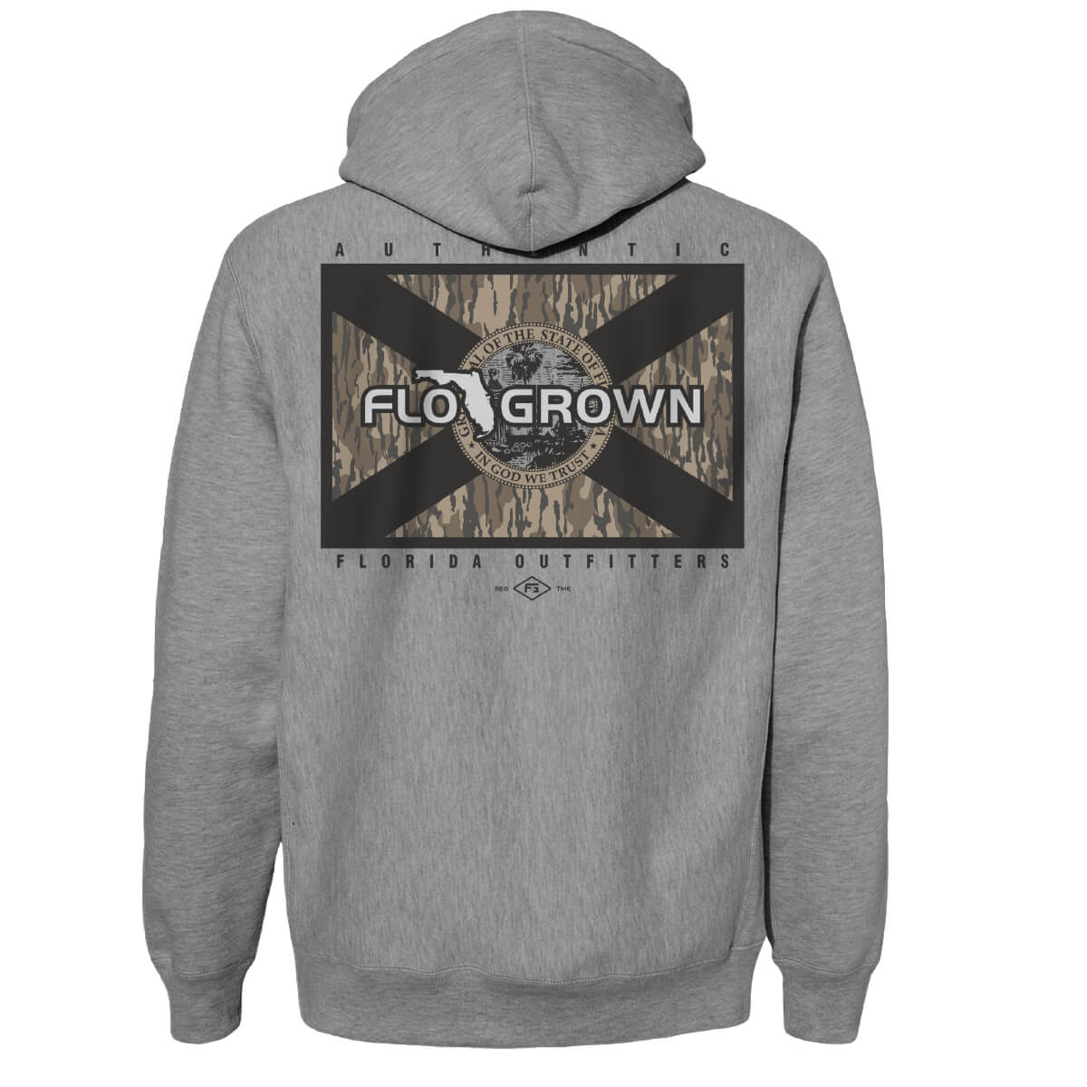 Heather gray hoodie with a graphic of the American flag with a camo background.