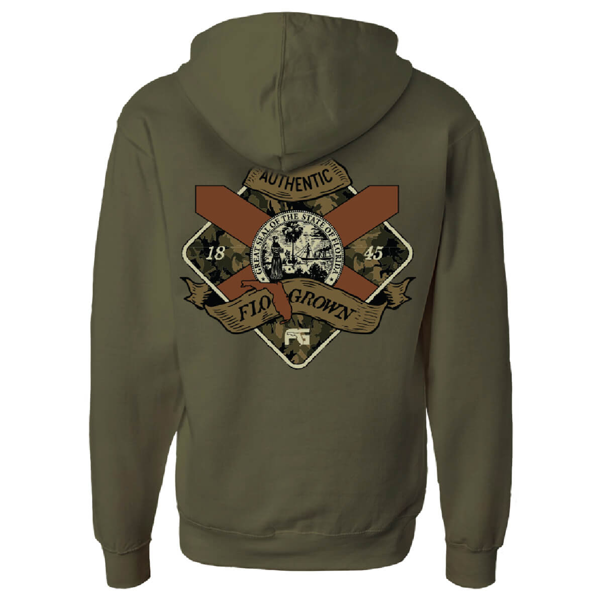 Green hoodie with a graphic of the Florida flag within a camo diamond crest and ribbons on top and bottom.