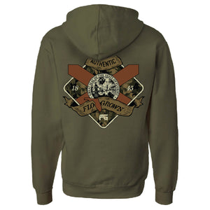 Green hoodie with a graphic of the Florida flag within a camo diamond crest and ribbons on top and bottom.