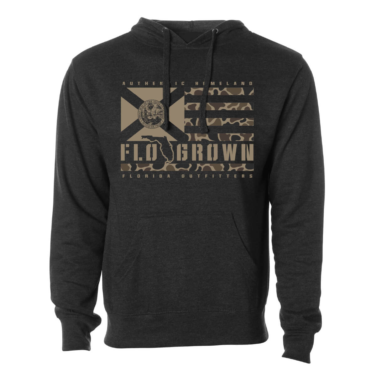 Charcoal gray hoodie with a graphic of an American flag with a Florida flag where the stars should be.