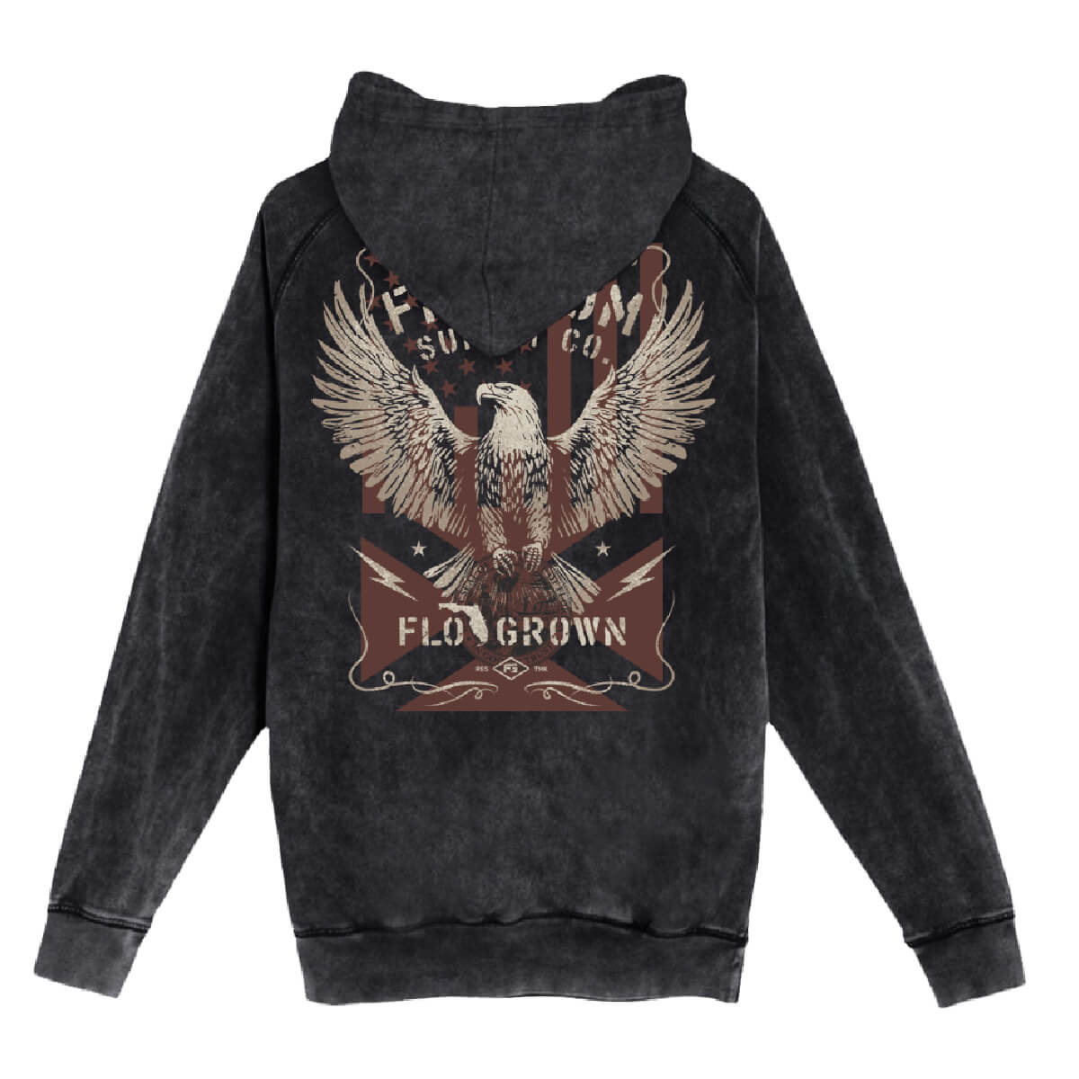 Charcoal gray hoodie with a graphic of an eagle on the back and a vertical American flag in a vintage style.
