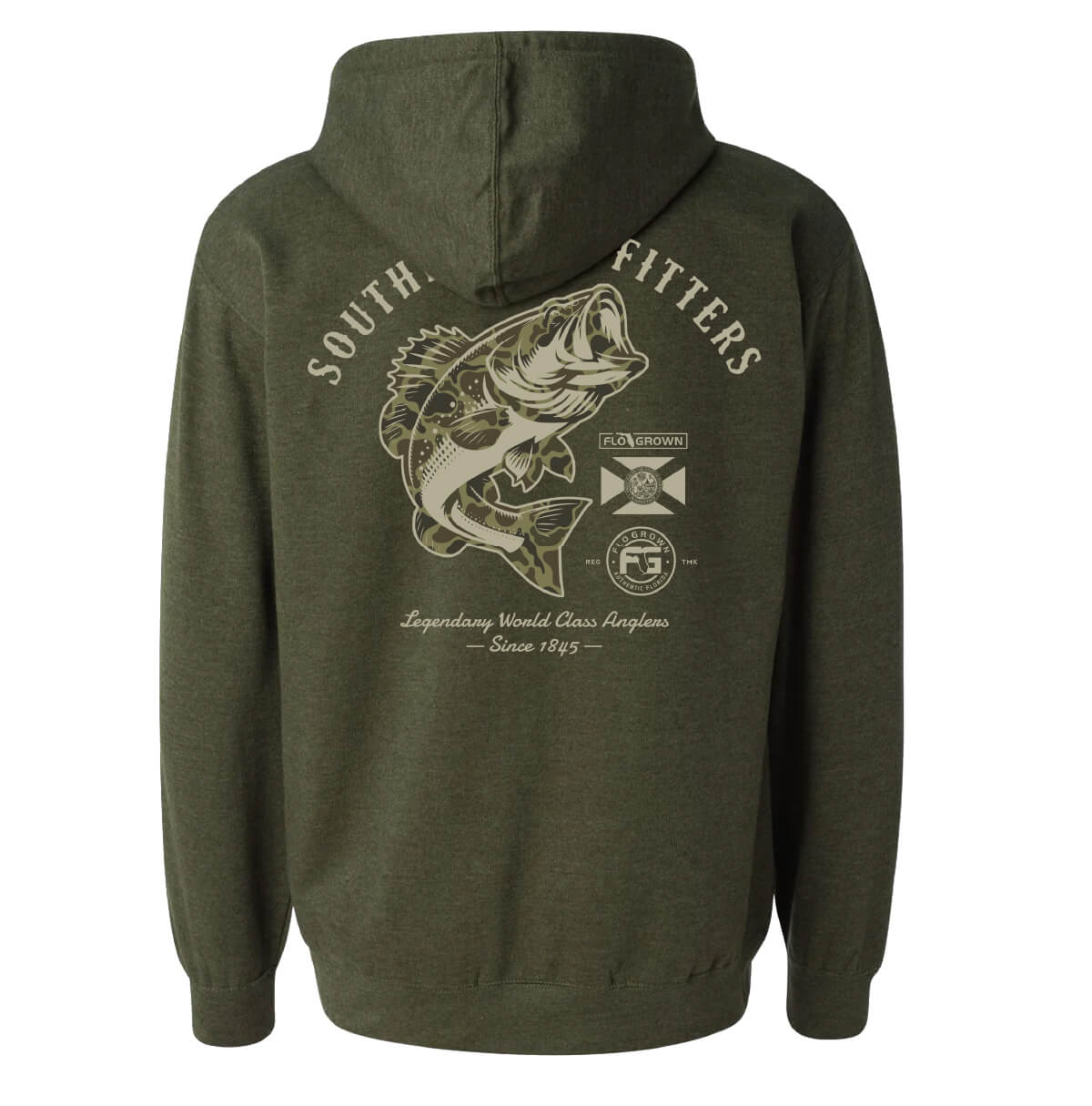 Green heather hoodie with a graphic of a bass on the back.