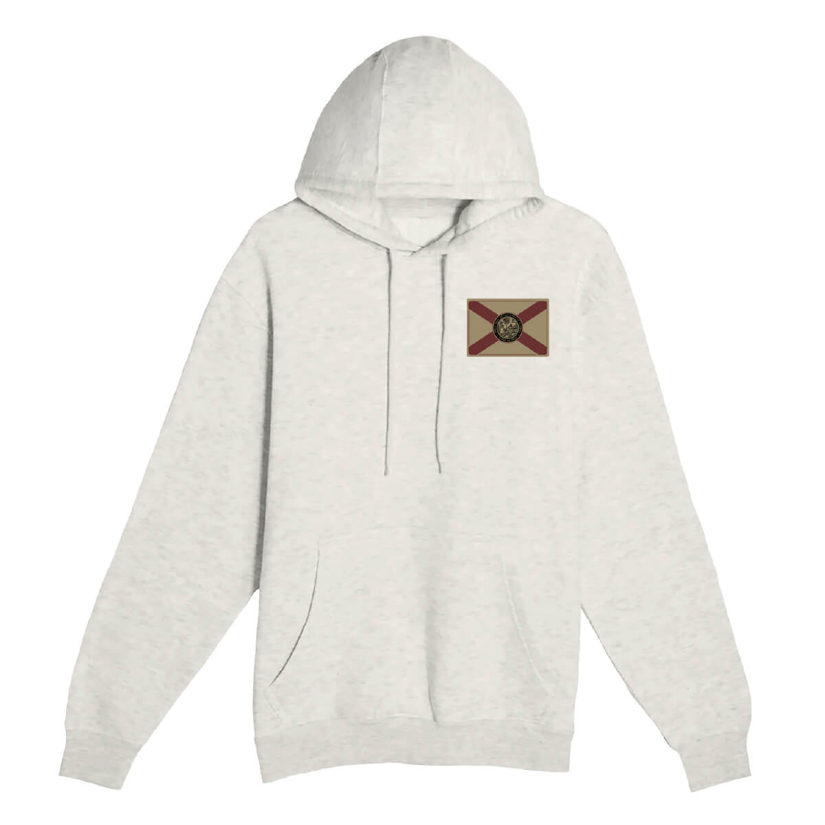 A light heather gray pullover hoodie with a small rectangular patch on the left chest featuring Florida flag