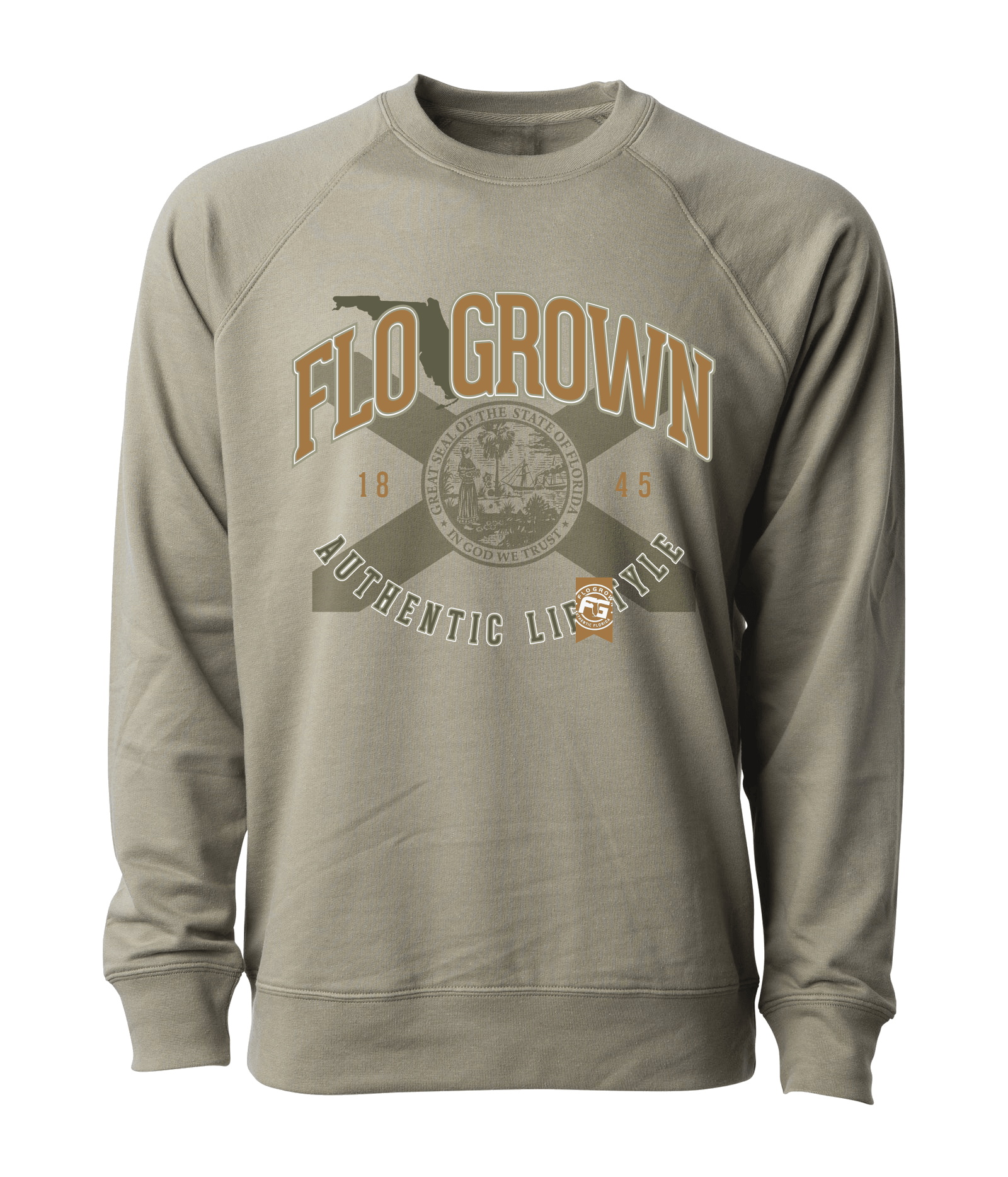 Green sweater with a Florida flag and the text 'AUTHENTIC LIFESTYLE' and the FloGrown logo.