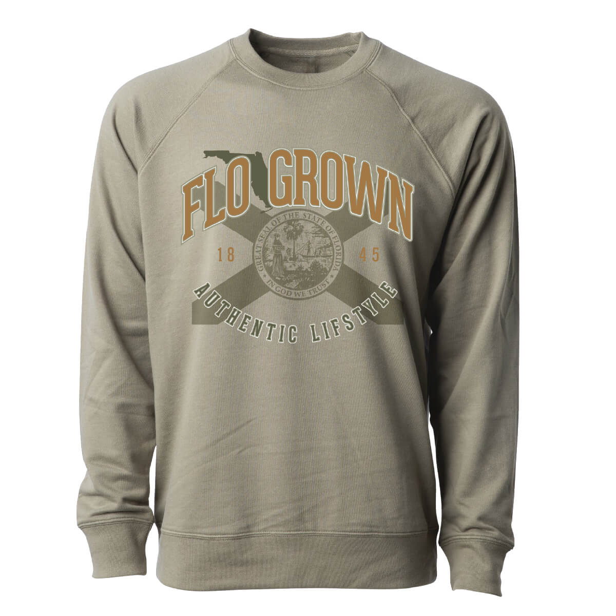 Green sweater with a Florida flag and the text 'AUTHENTIC LIFESTYLE' and the FloGrown logo.