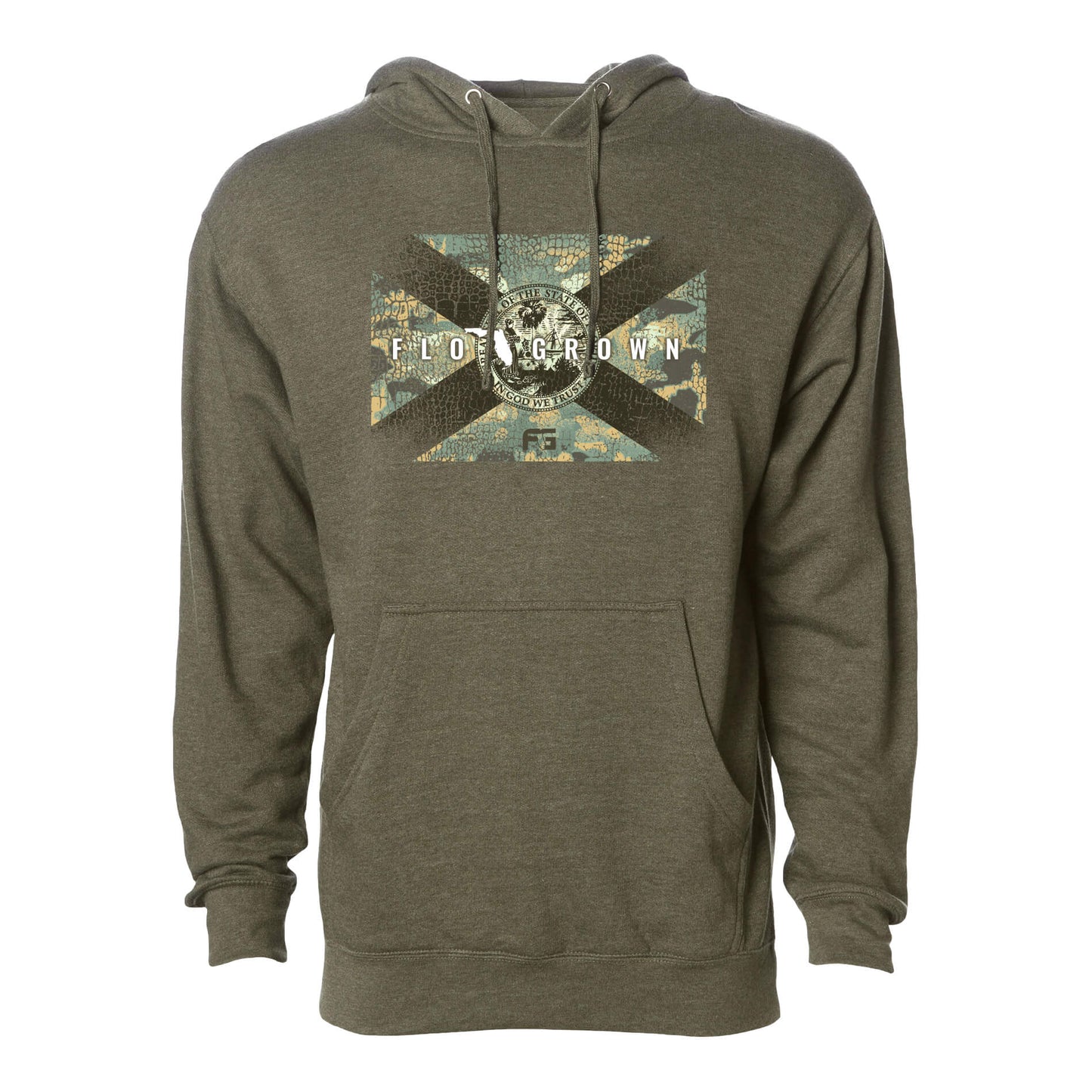 A green hoodie with a Florida flag on the front with a pattern of gator skin and a camo background.