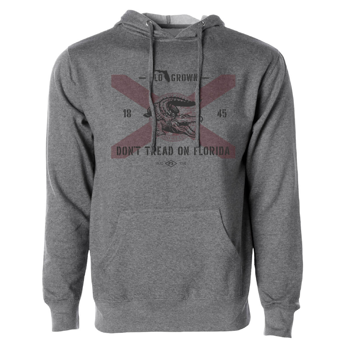 Gray hoodie with a washed Florida flag and an alligator on the front with text 'DON'T TREAD ON FLORIDA'. Hoodie has a pocket pouch and adjustable hood drawstring.