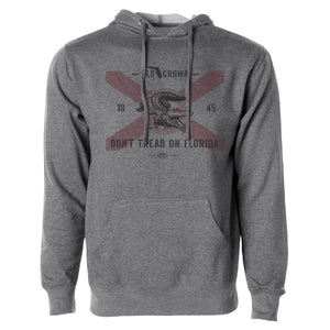 Gray hoodie with a washed Florida flag and an alligator on the front with text 'DON'T TREAD ON FLORIDA'. Hoodie has a pocket pouch and adjustable hood drawstring.