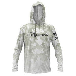 Gray camouflage performance hoodie with the FloGrown logo across the chest.