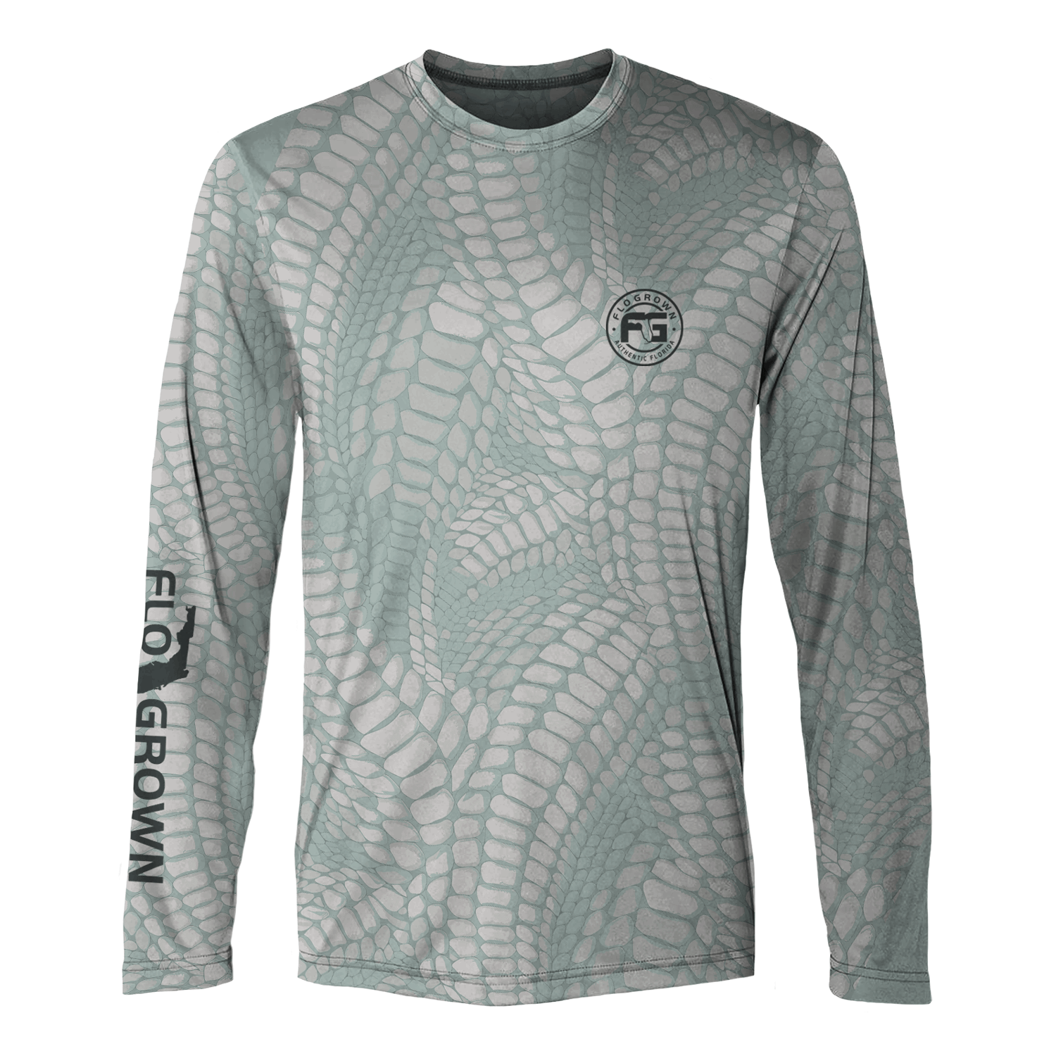 Gray performance tee with a snake pattern all over.