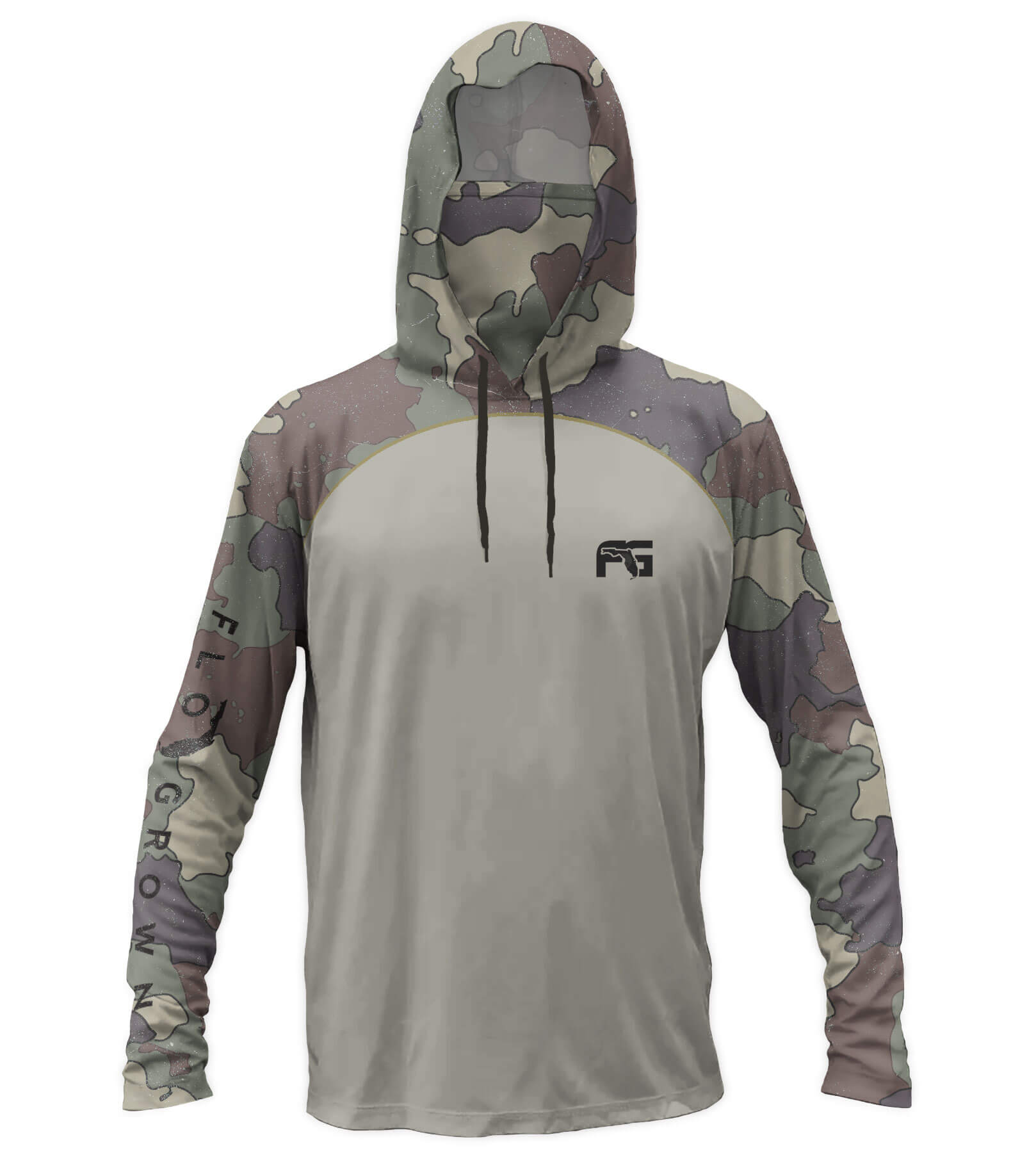 Performance hoodie with camouflage sleeves and hoodie and a gray chest and body.