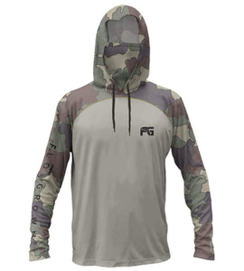 Performance hoodie with camouflage sleeves and hoodie and a gray chest and body.