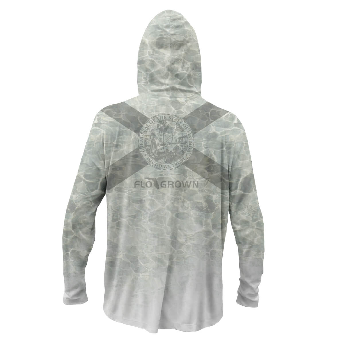 Gray hoodie with a sea foam pattern and a Florida flag on the center back.