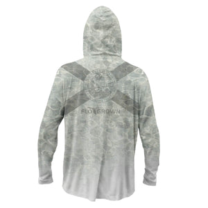 Gray hoodie with a sea foam pattern and a Florida flag on the center back.