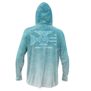 Blue performance hoodie with a white American flag with Florida flag over it on the back.