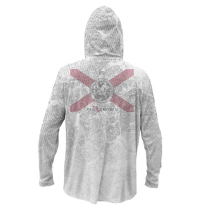 Gray performance hoodie with an ocean pattern and a Florida flag on the back.