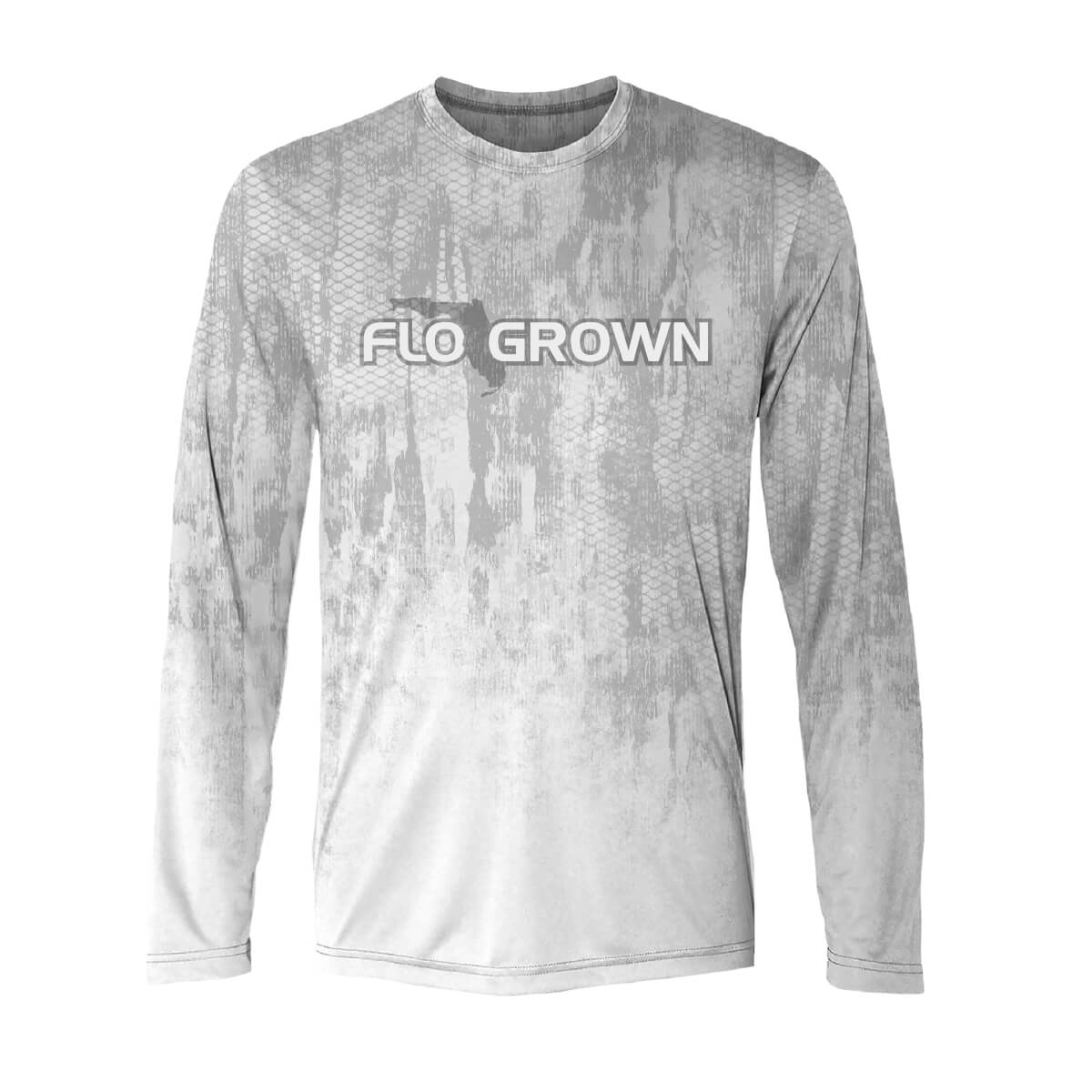 Gray and white performance tee with a fish scale pattern and the FloGrown logo across the chest.