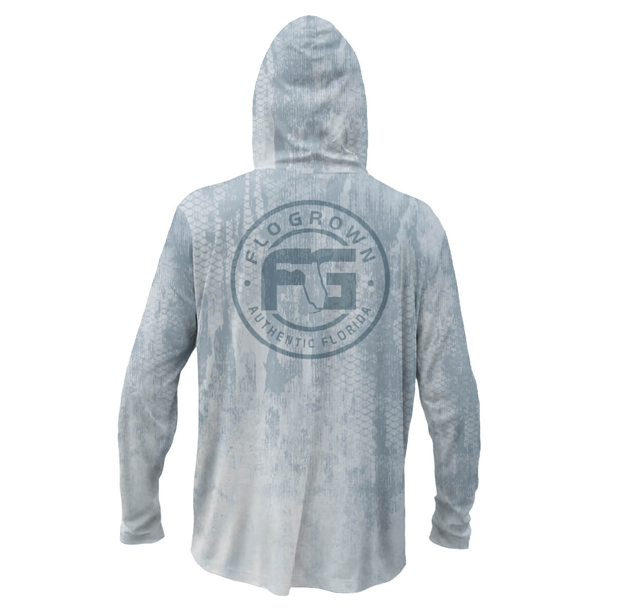 A light gray hooded long-sleeve shirt with a textured pattern, shown from the back. It features a large circular 'FLOGROWN' logo printed in gray on the upper back.