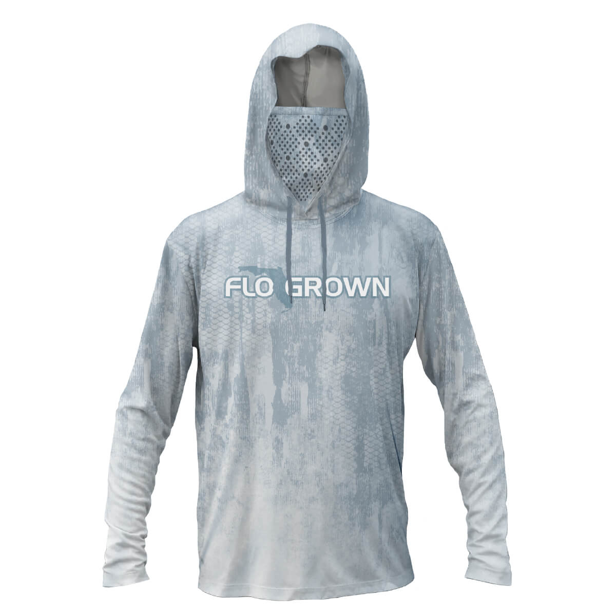 A light gray and white camouflage long-sleeve hooded shirt with a built-in face mask and drawstrings, featuring the 'FLO GROWN' brand name printed across the chest.