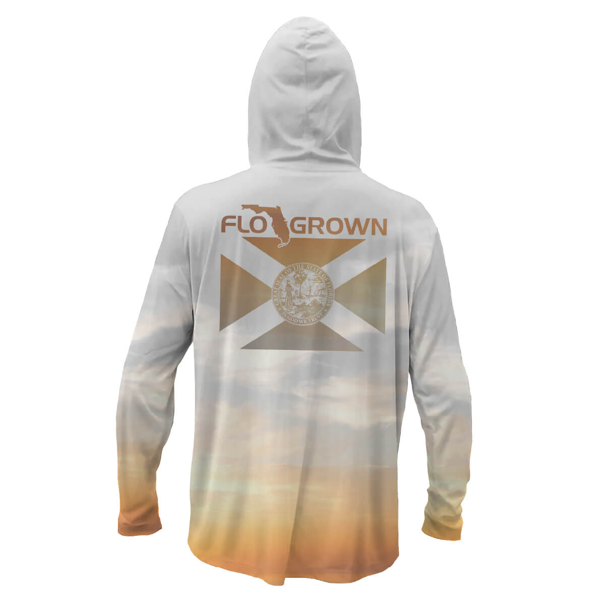 A long-sleeve hooded shirt shown from the back, featuring a white hood and upper back that fade into a sunset-like gradient of orange, beige, and light blue. 