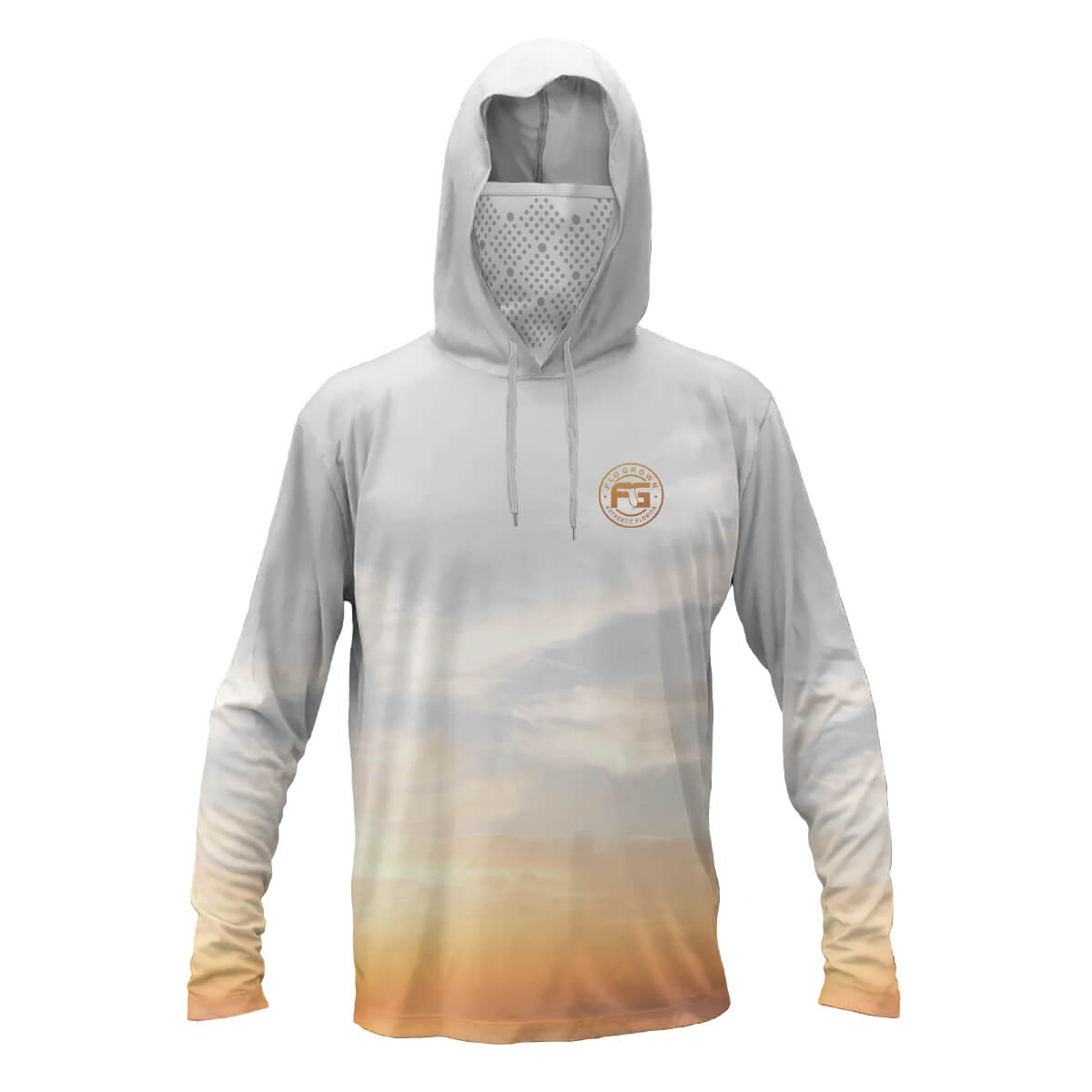 A long-sleeve hooded sun shirt with a sky gradient print fading from light gray at the top to beige and soft orange at the bottom. It features a white mesh face cover under the hood and a small circular logo on the left chest.