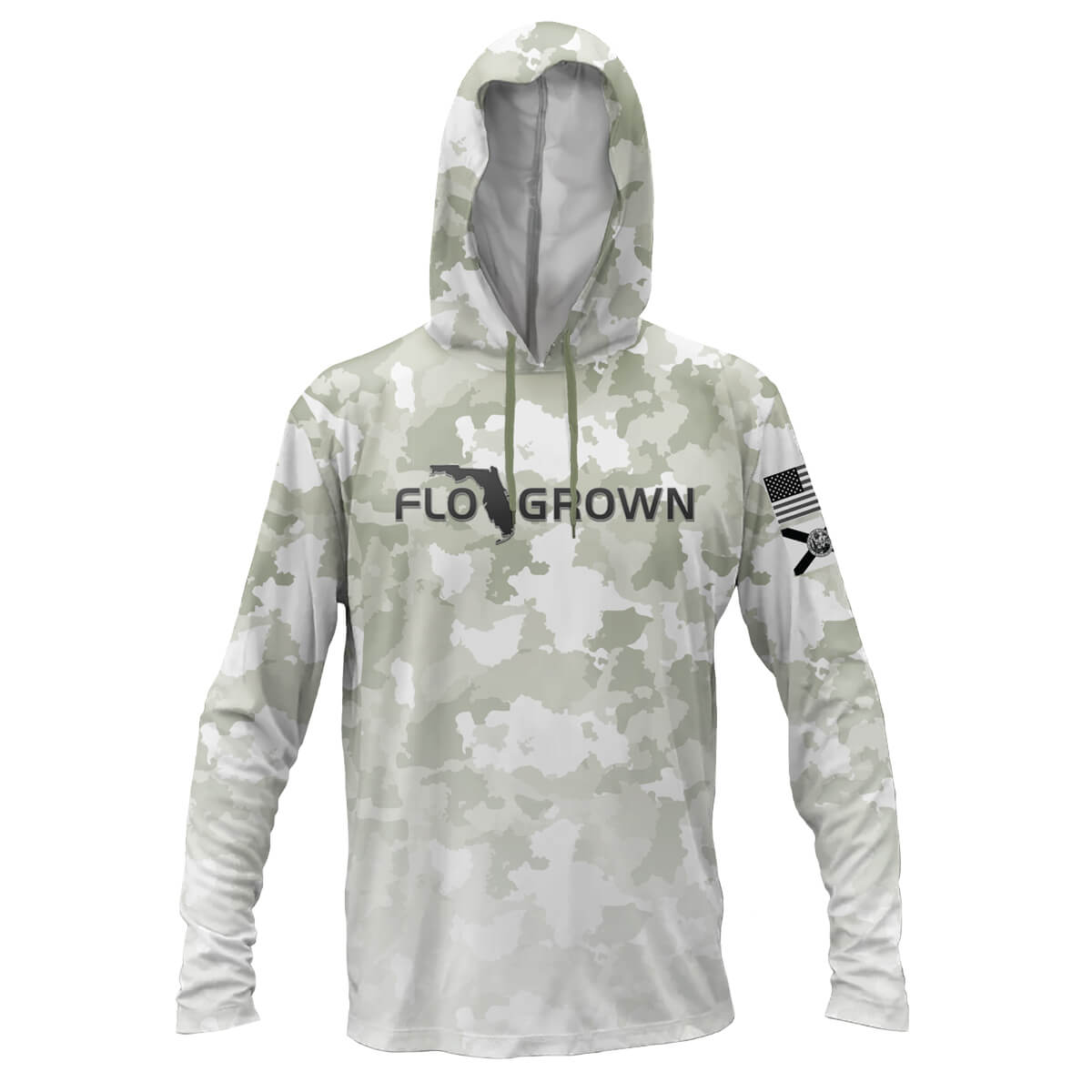 Light gray performance hoodie with a camouflage pattern and the FloGrown logo across the chest.