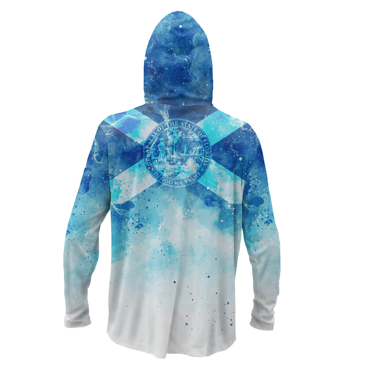 Blue youth performance tee with a foamy ocean pattern and a Florida flag on the back.