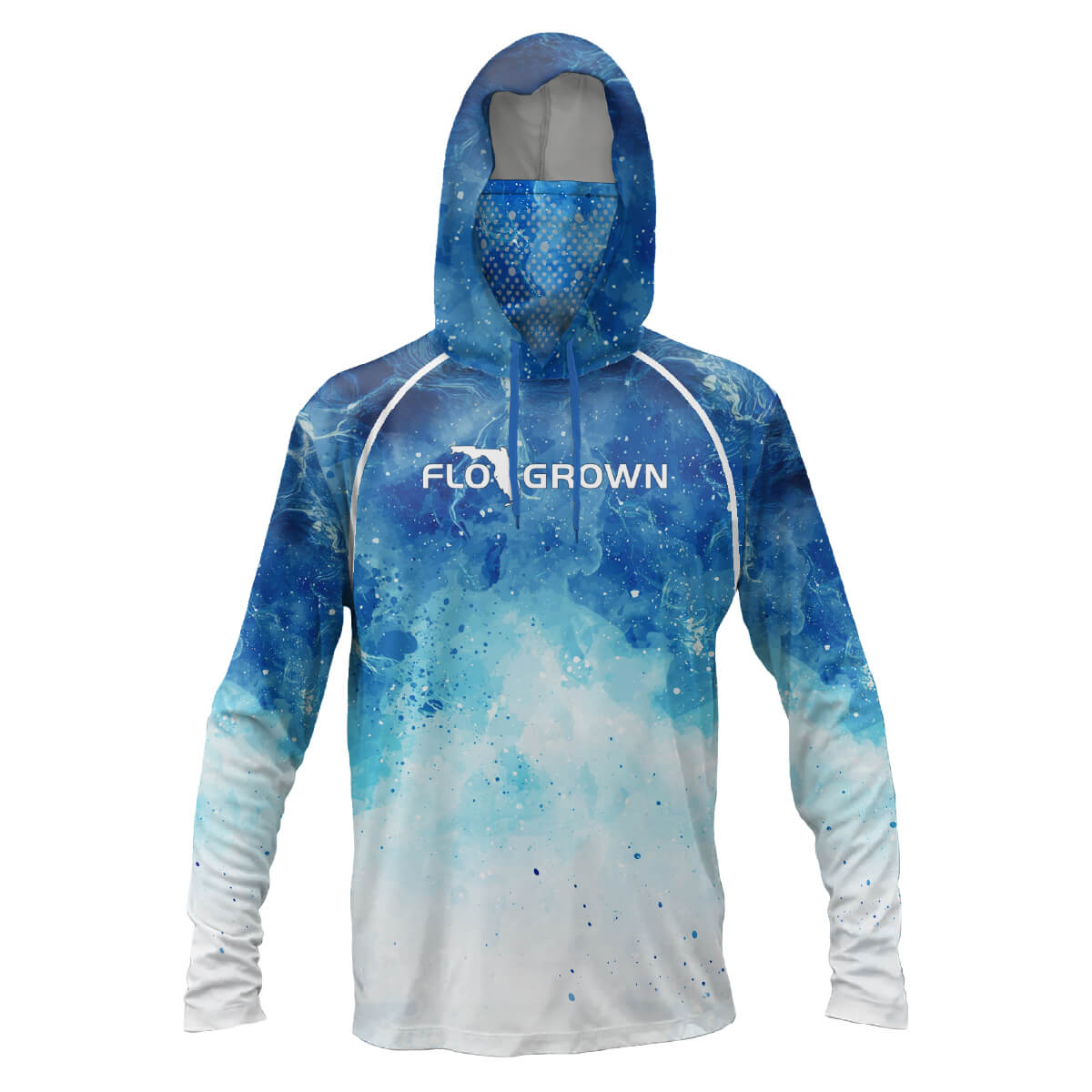 Front view showing the hood and perforated mask with the FloGrown logo across the chest.